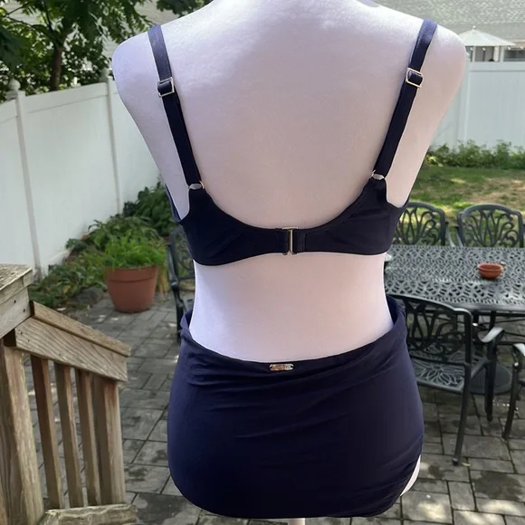 DKNY 2pc. Bikini Bathing Suit. Retro Style Hi Waist w/Padded Underwire Bra. Navy - Picture 5 of 12